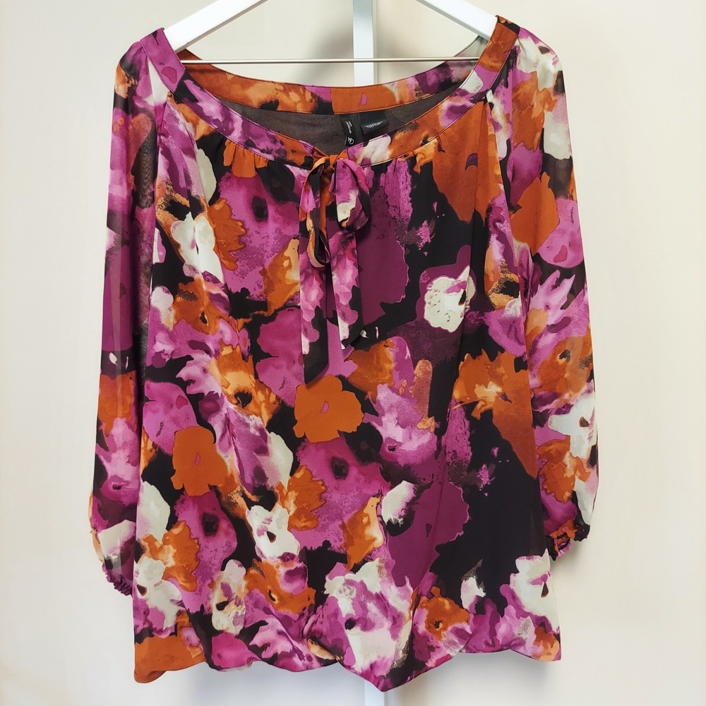 New Directions Woman 2X Floral Tie Neck Blouse Watercolor Floral Bubble Hem Top - Picture 2 of 7